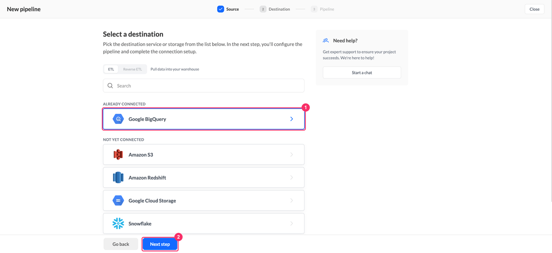 Select a destination step with Google BigQuery under Already connected