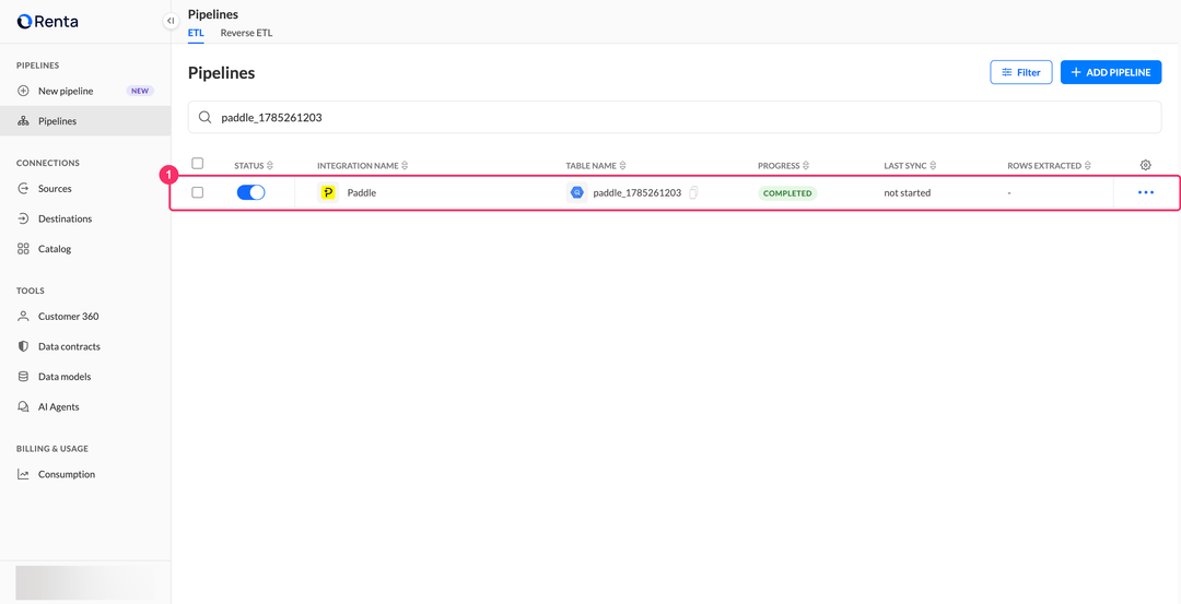 Pipelines list with the new Paddle integration in the Completed status