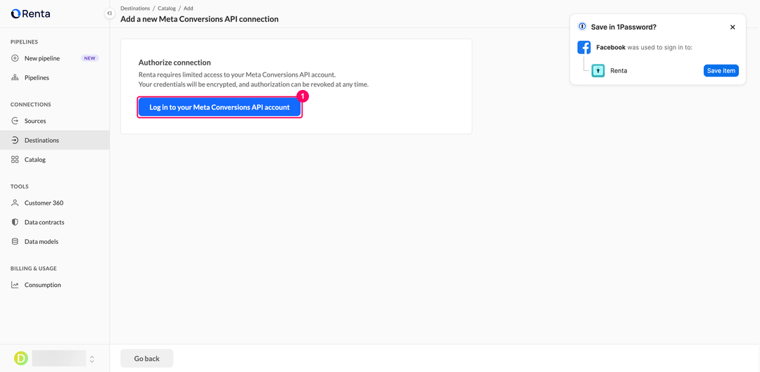 Authorize connection page with the Log in to your Meta Conversions API account button