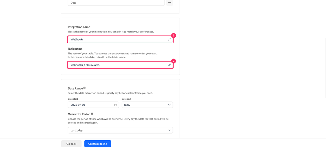 Webhooks integration name and table name fields