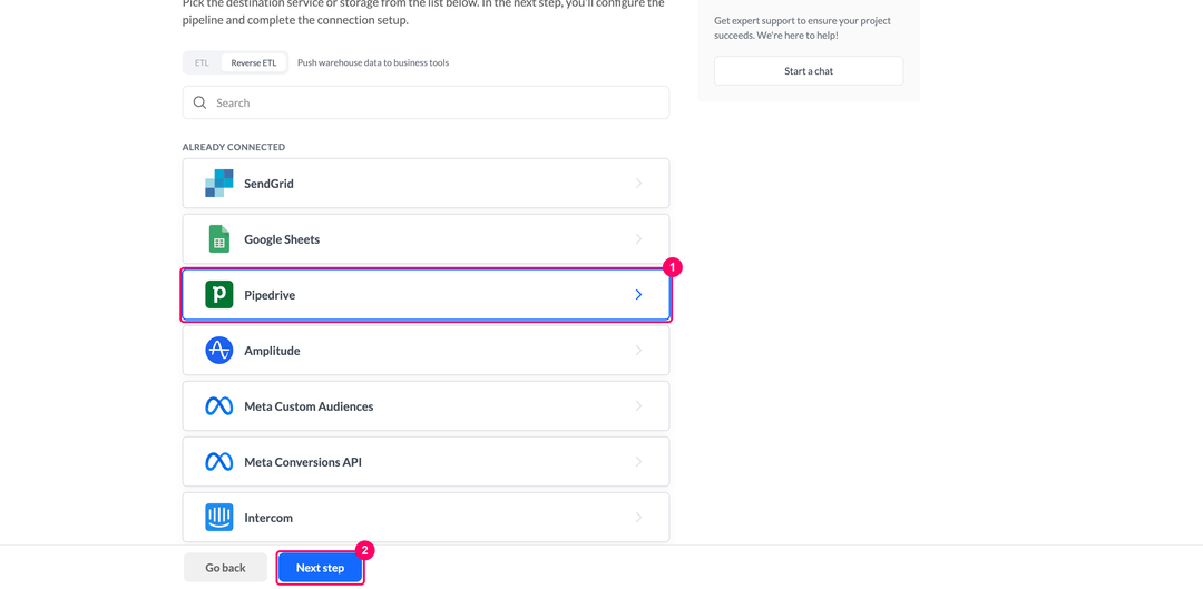 Шаг выбора назначения с Pipedrive в блоке Already connected