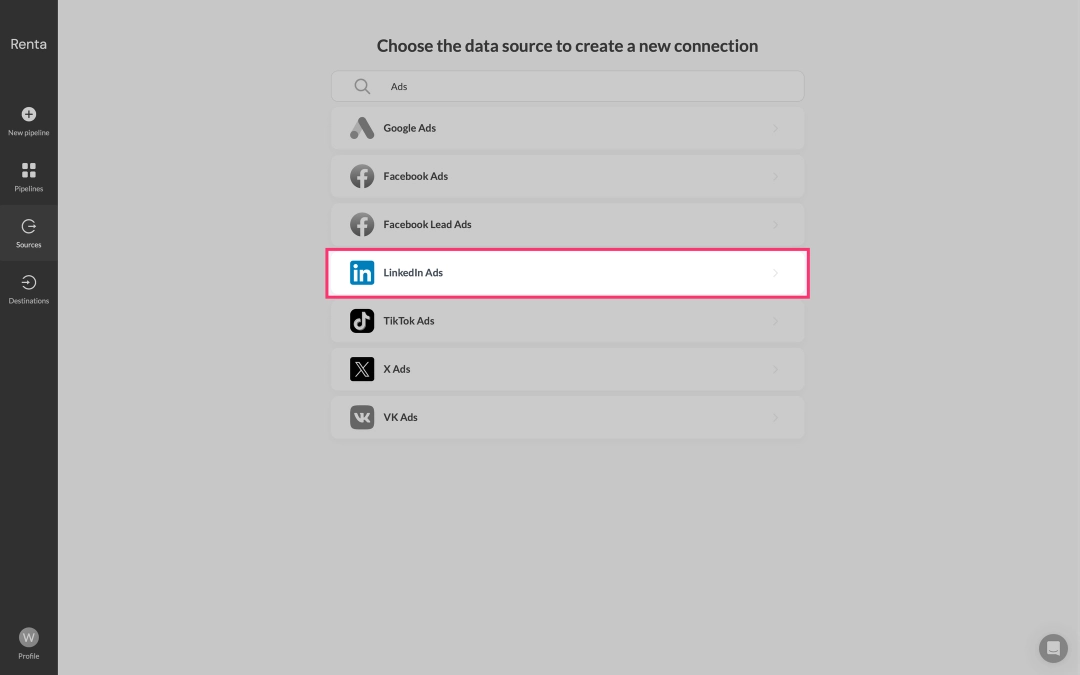 Select LinkedIn Ads data source