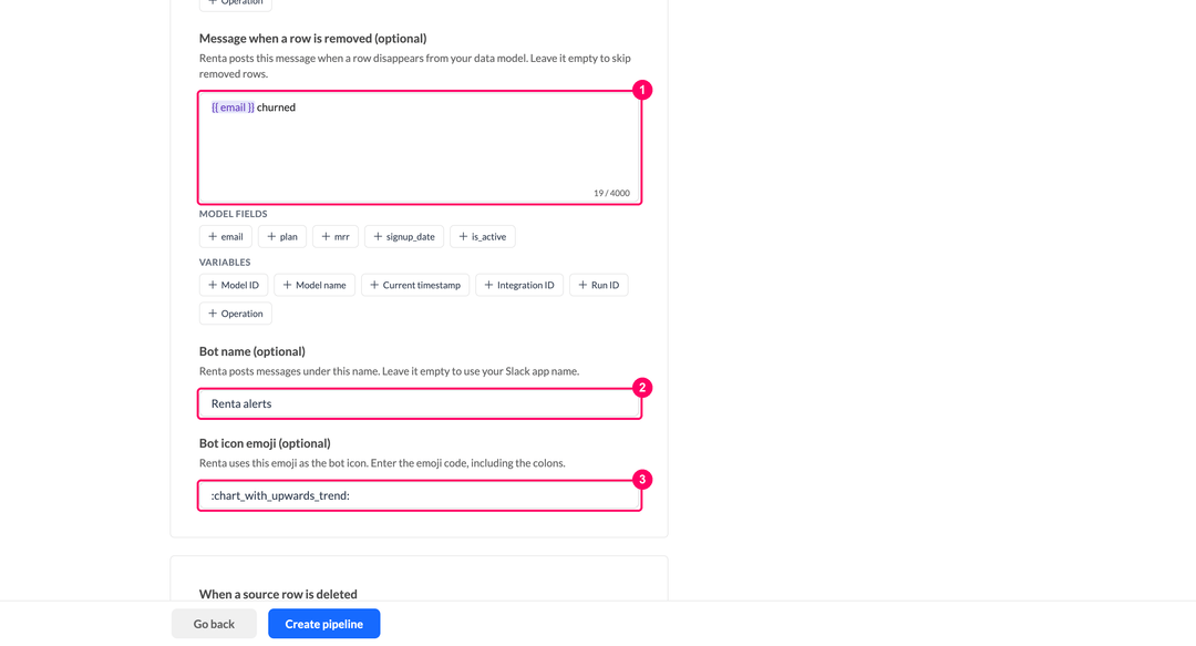 Message when a row is removed editor, Bot name field, and Bot icon emoji field