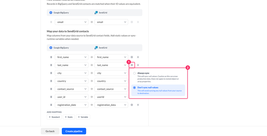 Варианты синхронизации в строке маппинга с выбранным Don't sync null values