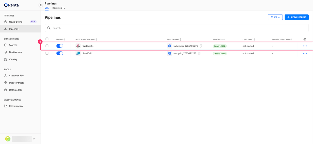 Pipelines list with the new Webhooks integration in the Completed status