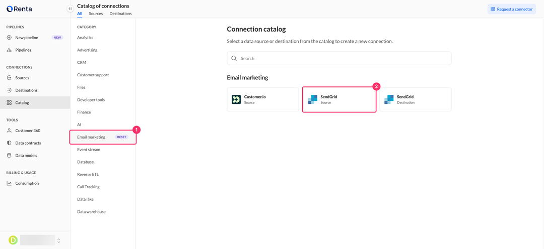 SendGrid Source card in the Email marketing category of the Renta connection catalog