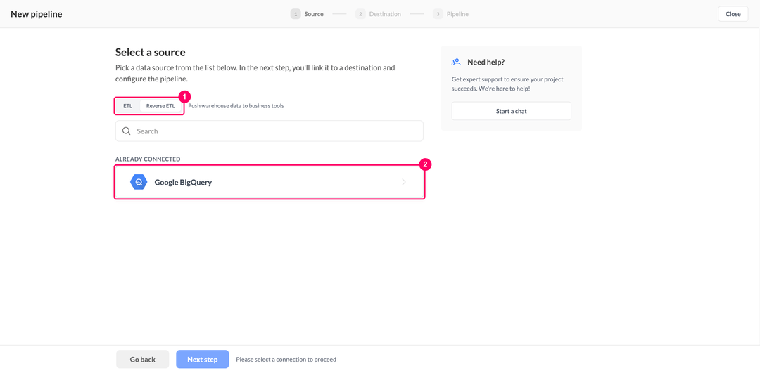 Шаг выбора источника с переключателем Reverse ETL и карточкой Google BigQuery