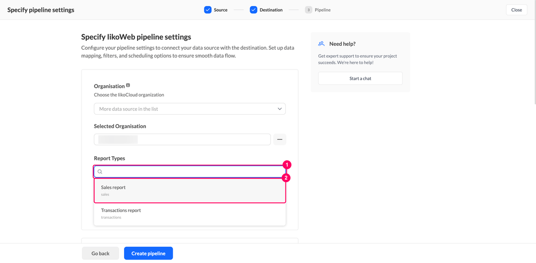 Report Types dropdown of an IikoWeb pipeline with Sales report and Transactions report