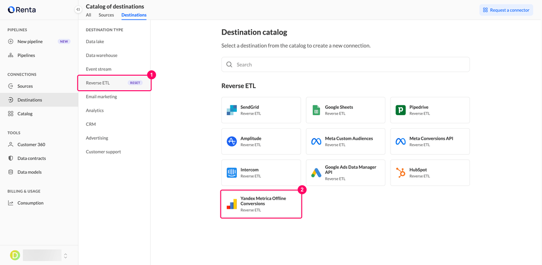 Yandex Metrica Offline Conversions card in the Reverse ETL category of the Renta destination catalog