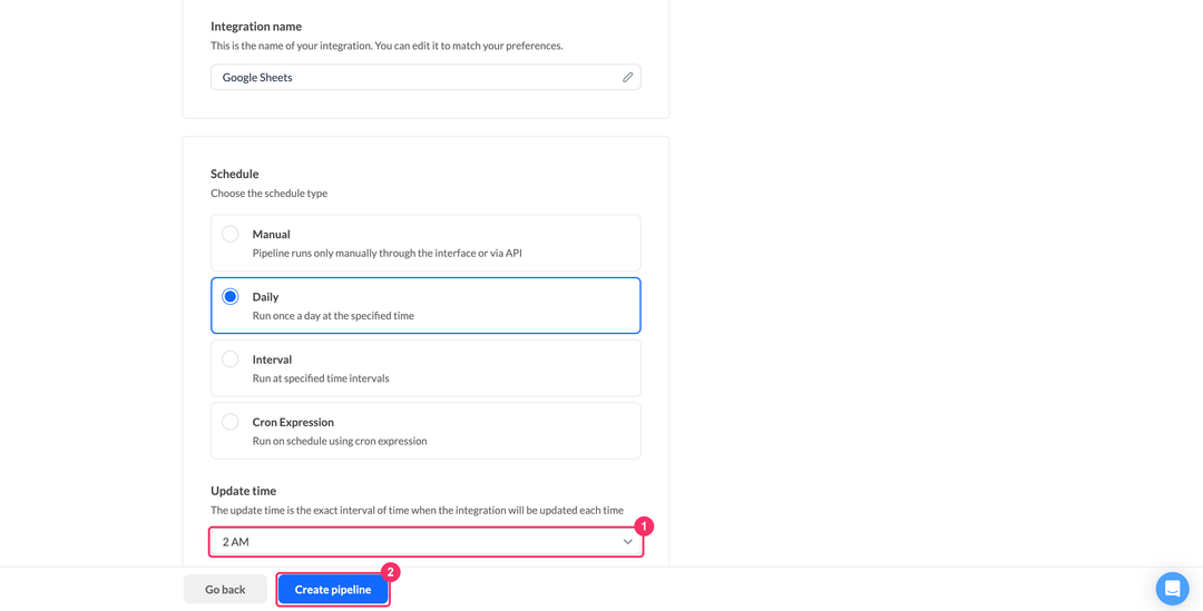 Выбор времени обновления и кнопка Create pipeline