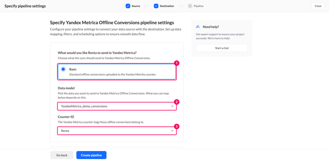 Yandex Metrica pipeline settings with the Basic object, the data model, and the counter dropdowns