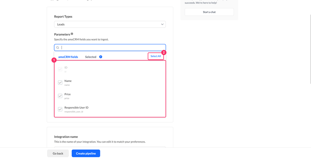 Выбор параметров amoCRM с вкладками amoCRM fields и Selected и кнопкой Select All