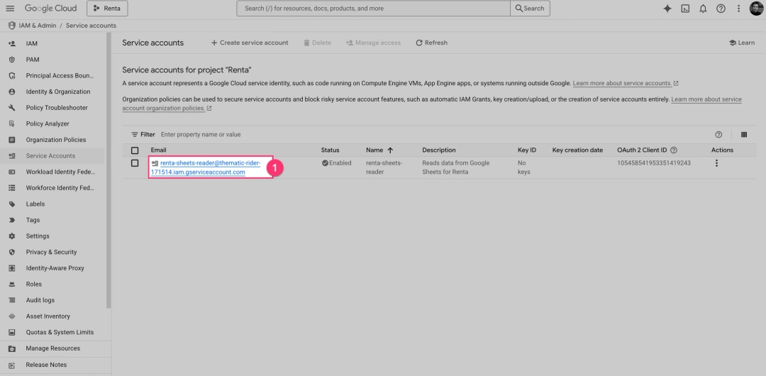 Selecting the created service account to manage keys