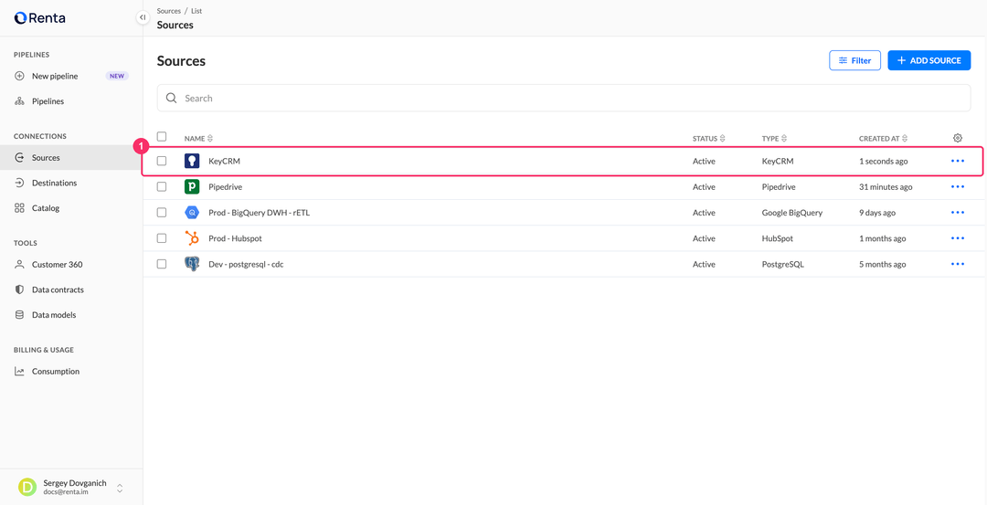 Sources list with the new KeyCRM source in the Active status