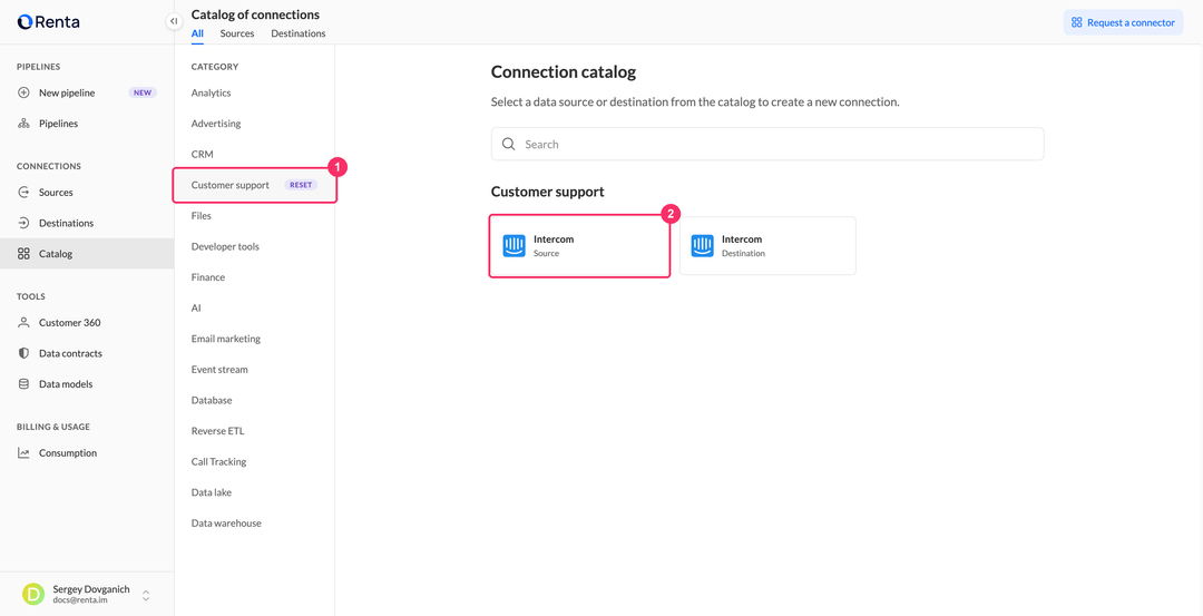 Intercom Source card in the Customer support category of the Renta catalog