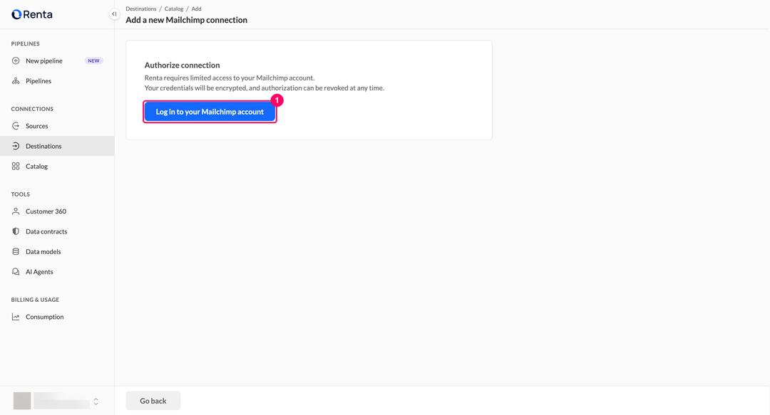 Add a new Mailchimp connection page with the Log in to your Mailchimp account button