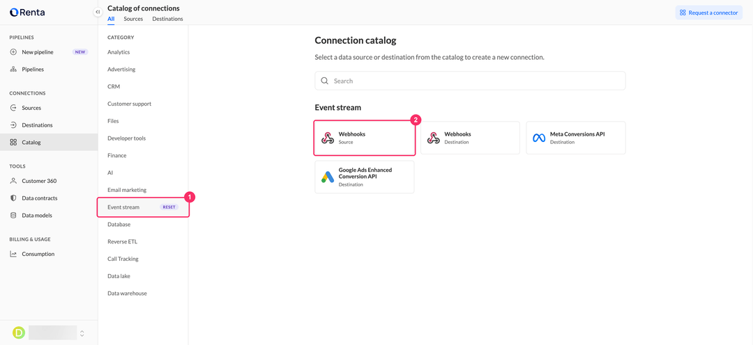 Webhooks Source card in the Event stream category of the Renta catalog