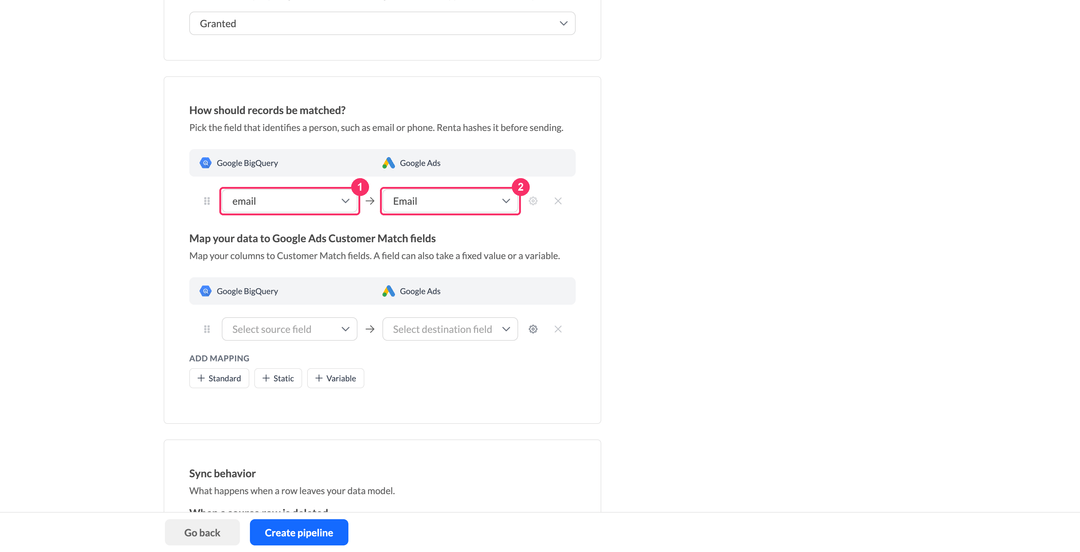 Блок сопоставления записей с колонкой источника слева и идентификатором Google Ads справа
