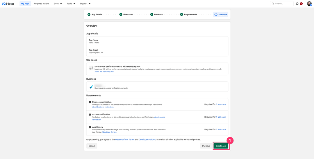 Overview step with the Create app button