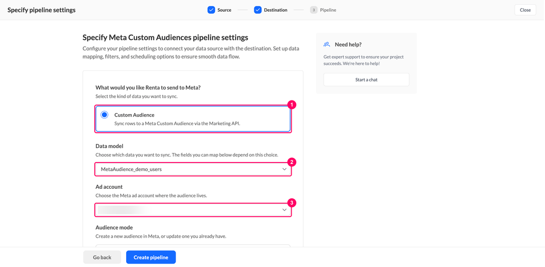 Meta pipeline settings with the Custom Audience object, the data model, and the ad account dropdowns