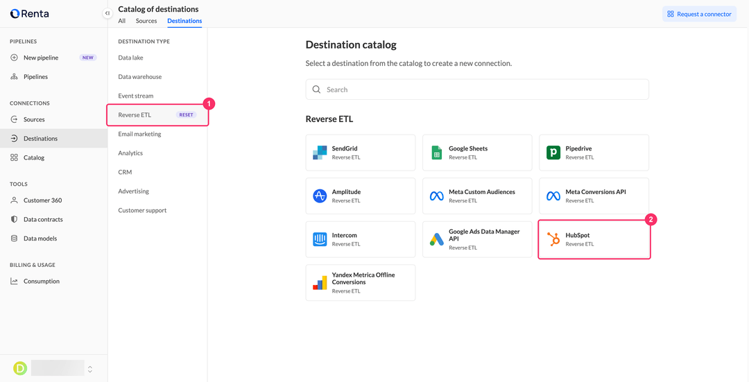 HubSpot card in the Reverse ETL category of the Renta destination catalog