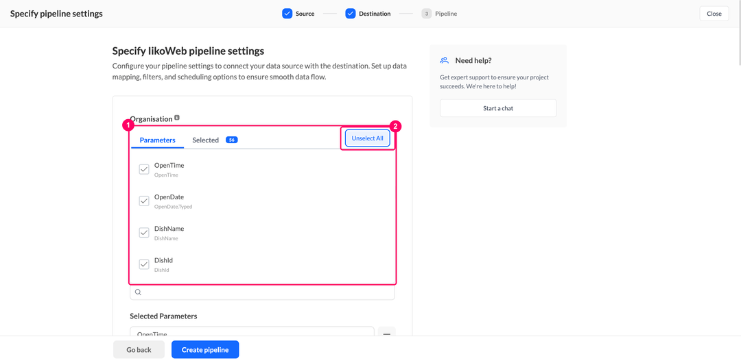 Parameters picker of an IikoWeb pipeline with the fields of the Sales report checked