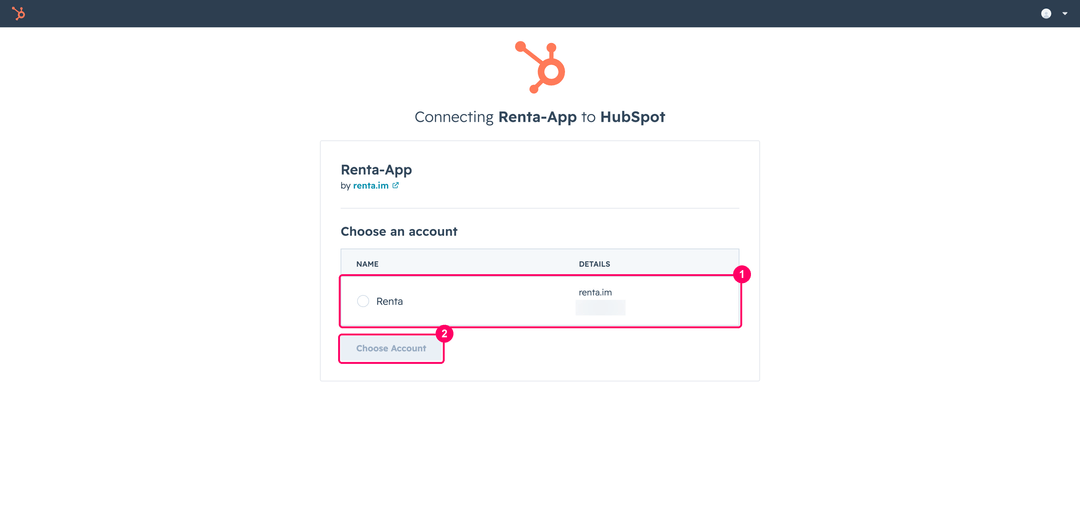 HubSpot account chooser listing the portal with its account id and the Choose Account button