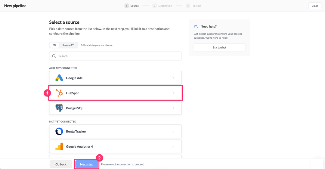 Select a source step with HubSpot under Already connected