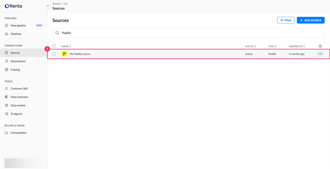 Sources list with the new Paddle source in the Active status
