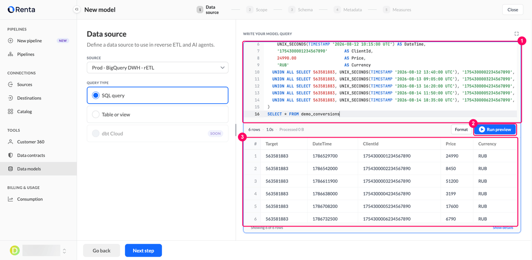 Data source step with the SQL editor holding the conversion query and the preview showing the resulting rows