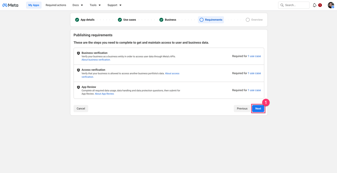 Publishing requirements step listing Business verification, Access verification, and App Review