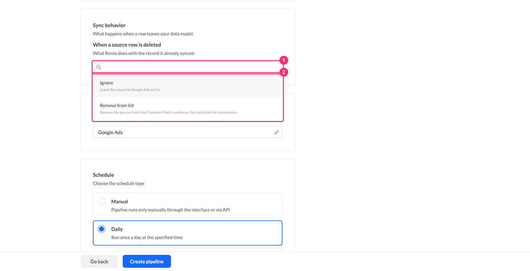 Выпадающий список When a source row is deleted с вариантами Ignore и Remove from list