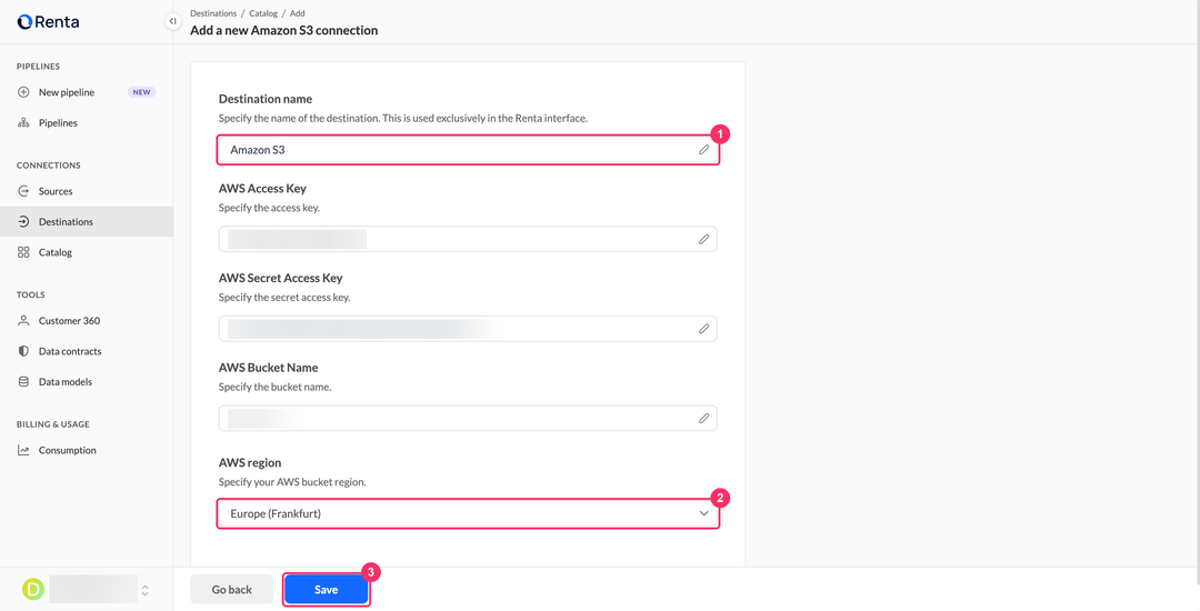 Destination name field, the selected AWS region, and the Save button