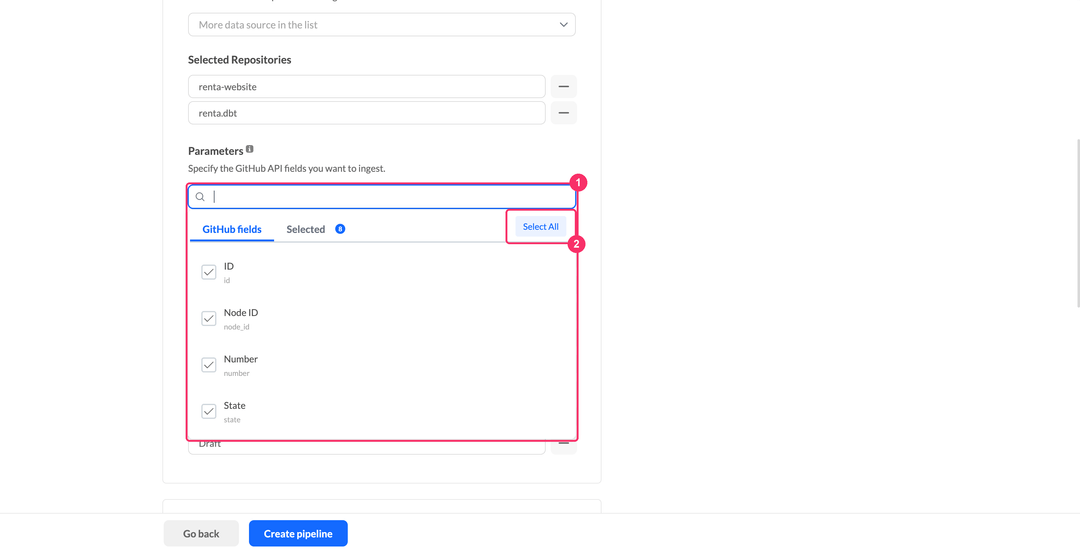 Выбор параметров GitHub со вкладками GitHub fields и Selected и кнопкой Select All