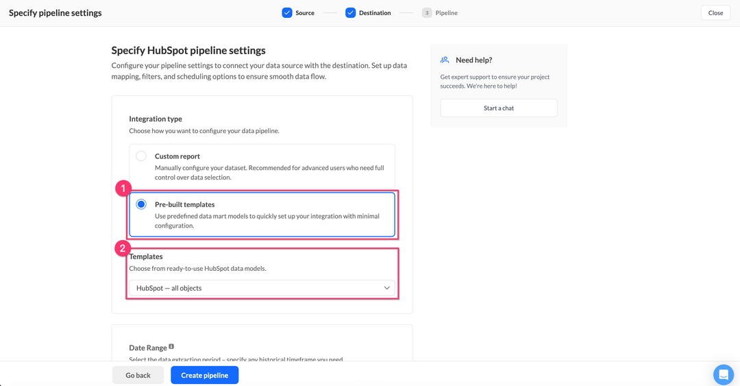 HubSpot integration type and template selection