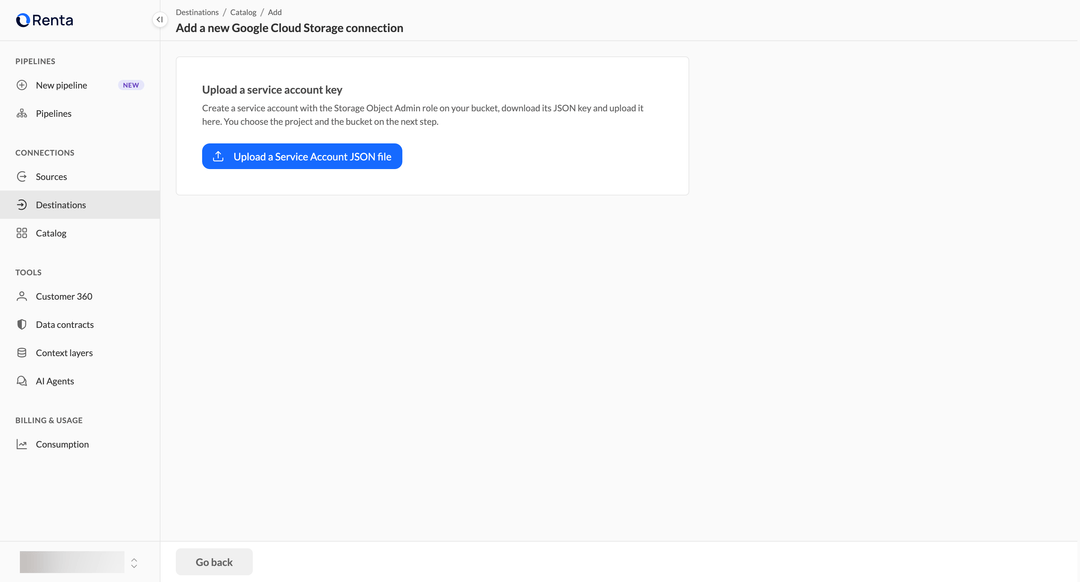 Страница добавления подключения Google Cloud Storage с кнопкой Upload a Service Account JSON file