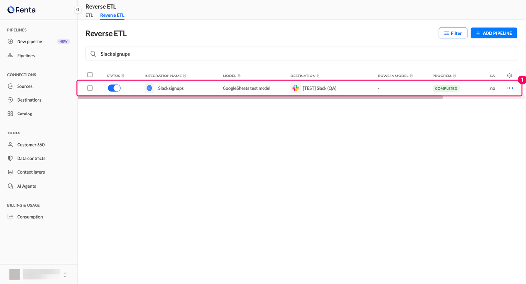 Reverse ETL pipelines list with the new Slack integration