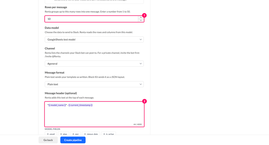 Rows per message field and the Message header editor in Batch message mode