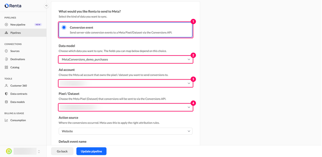 Meta pipeline settings with the Conversion event object, the data model, the ad account, and the pixel dropdowns