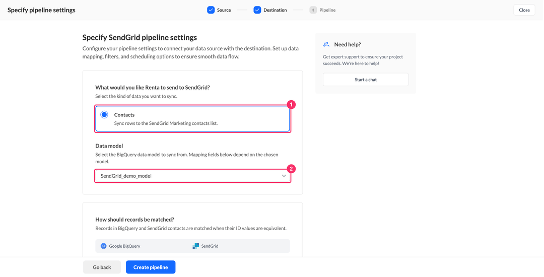 Настройки пайплайна SendGrid с выбранным объектом Contacts и списком моделей данных