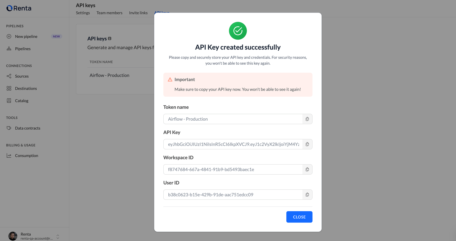 Generate API Key | Renta Documentation