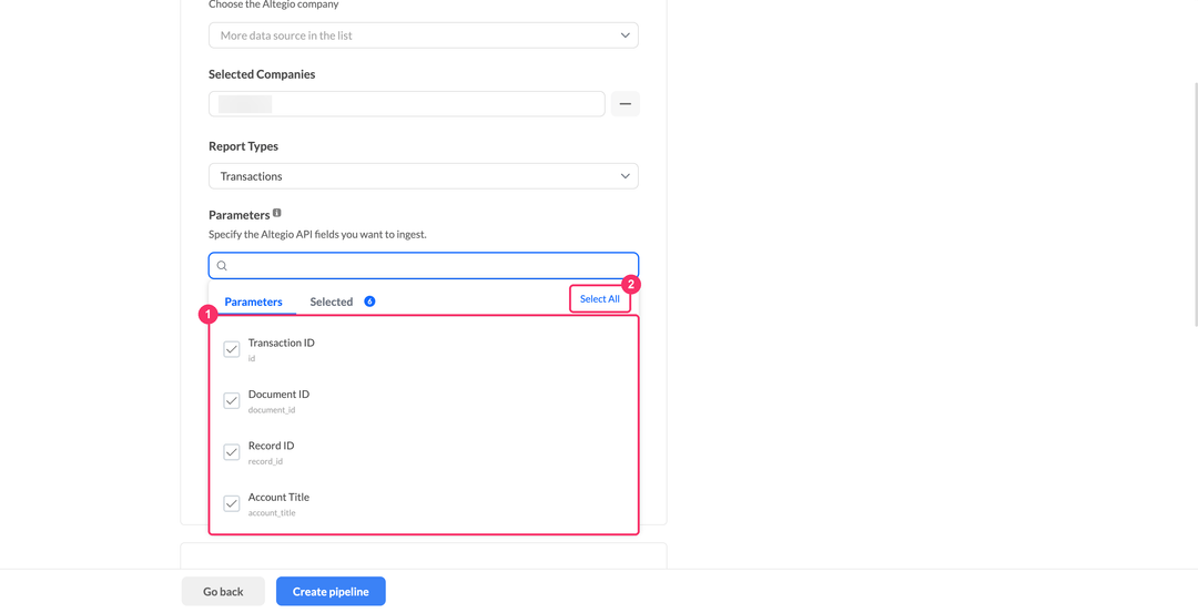 Altegio parameters picker with the Parameters and Selected tabs and the Select All link