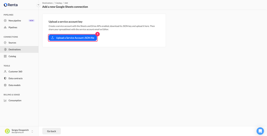 Кнопка Upload a Service Account JSON file на странице добавления подключения Google Sheets