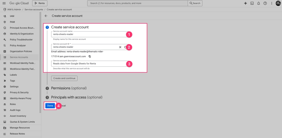 Filling in Service Account details in GCP Console