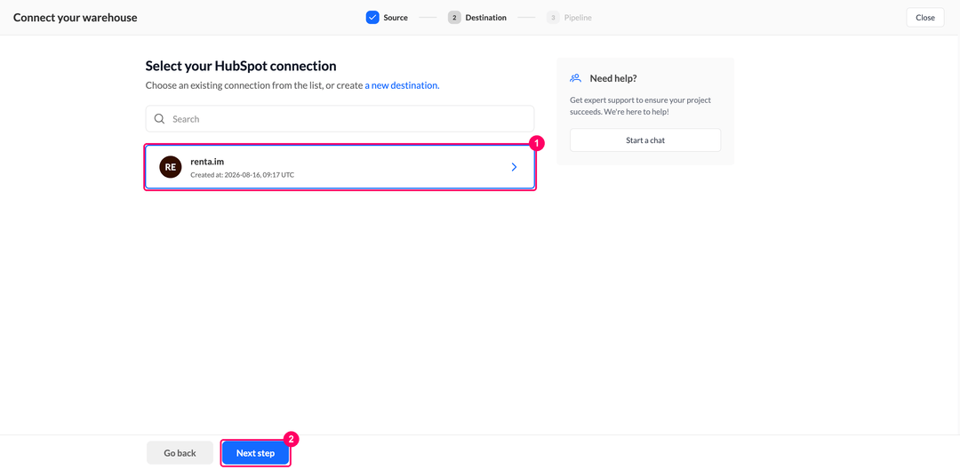 Select your HubSpot connection step with the connection card and the Next step button