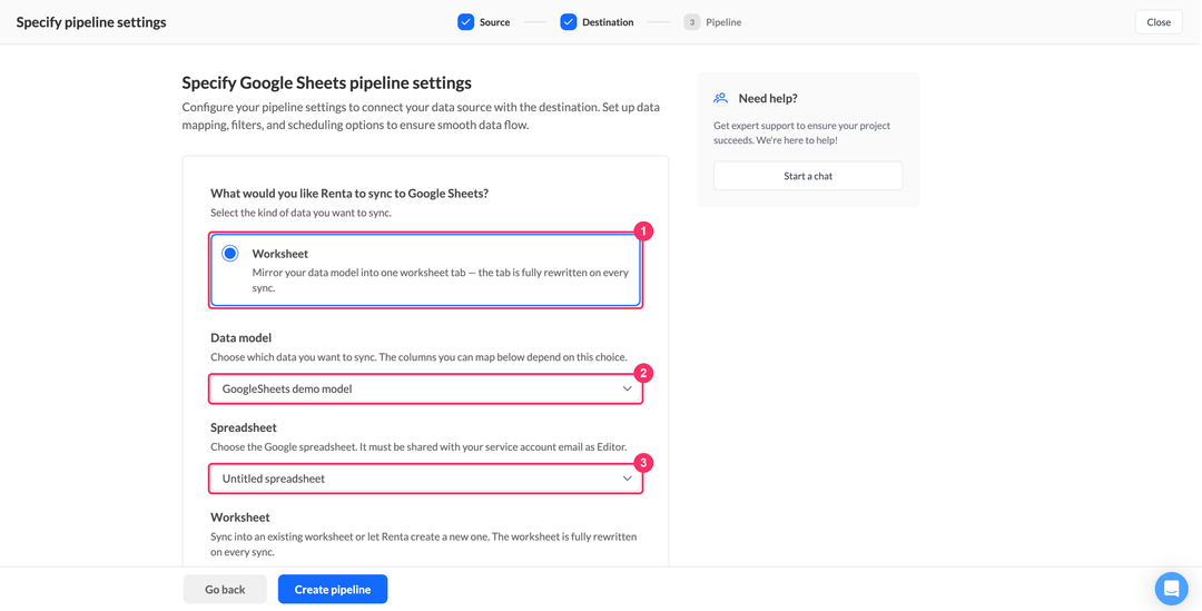 Настройки пайплайна Google Sheets: тип синхронизации, модель данных и таблица