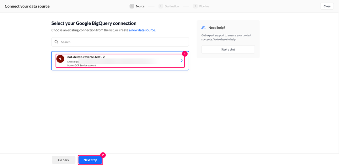 Шаг выбора подключения Google BigQuery со списком доступных подключений