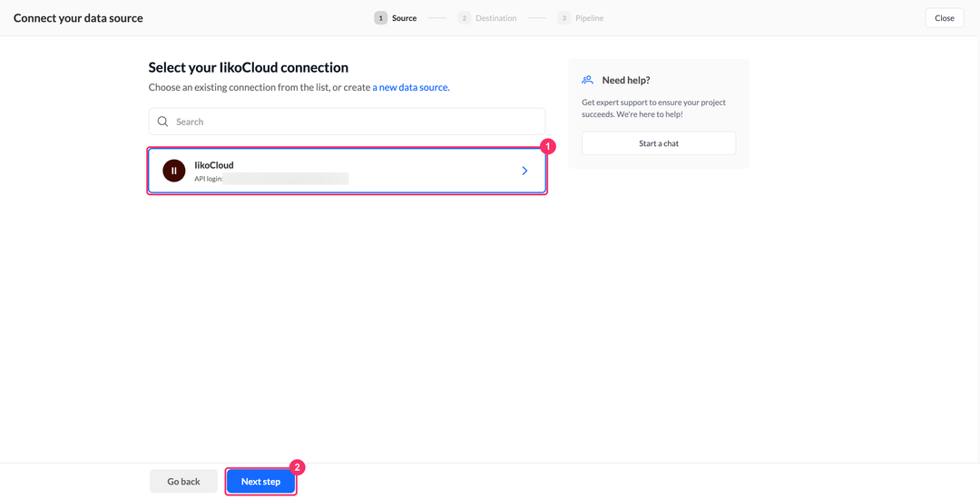 Select your IikoCloud connection step with the API login on the card
