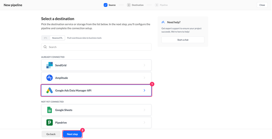 Шаг выбора назначения, Google Ads Data Manager API в блоке Already connected