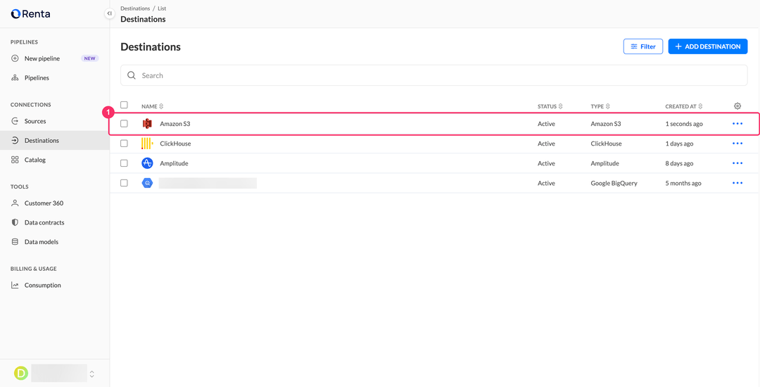 Destinations list with the new Amazon S3 connection in the Active status